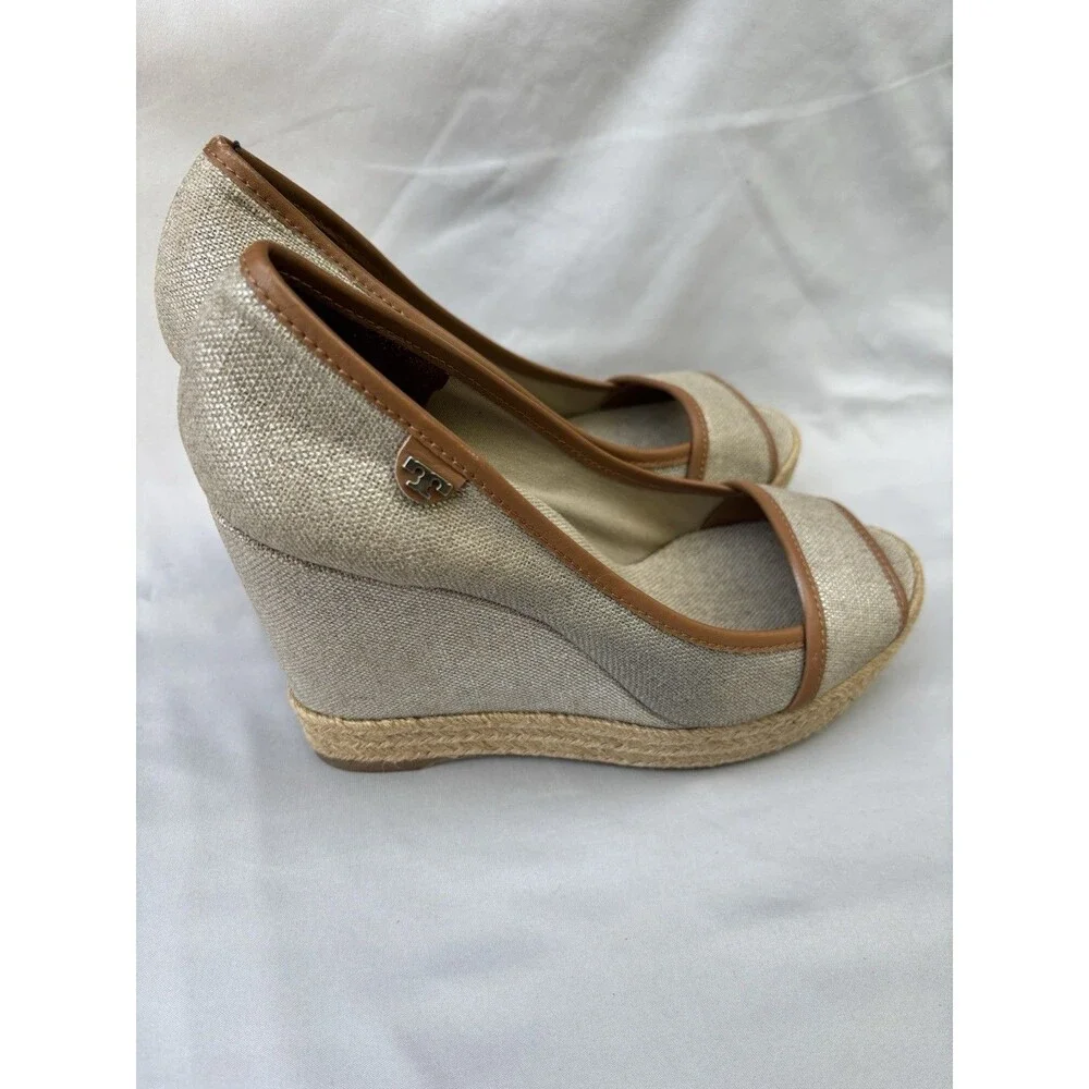 Tory Burch Majorca Canvas Espadrille Wedge Peep Toe Shoes Size 39 - 8-8.5M